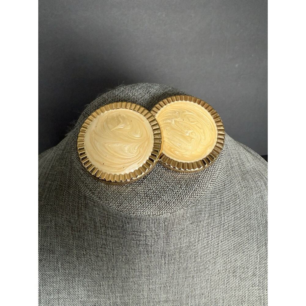 Vintage Enamel Oversized Earrings Beige Gold Round Chunky Y2K 80s Cocktail Retro